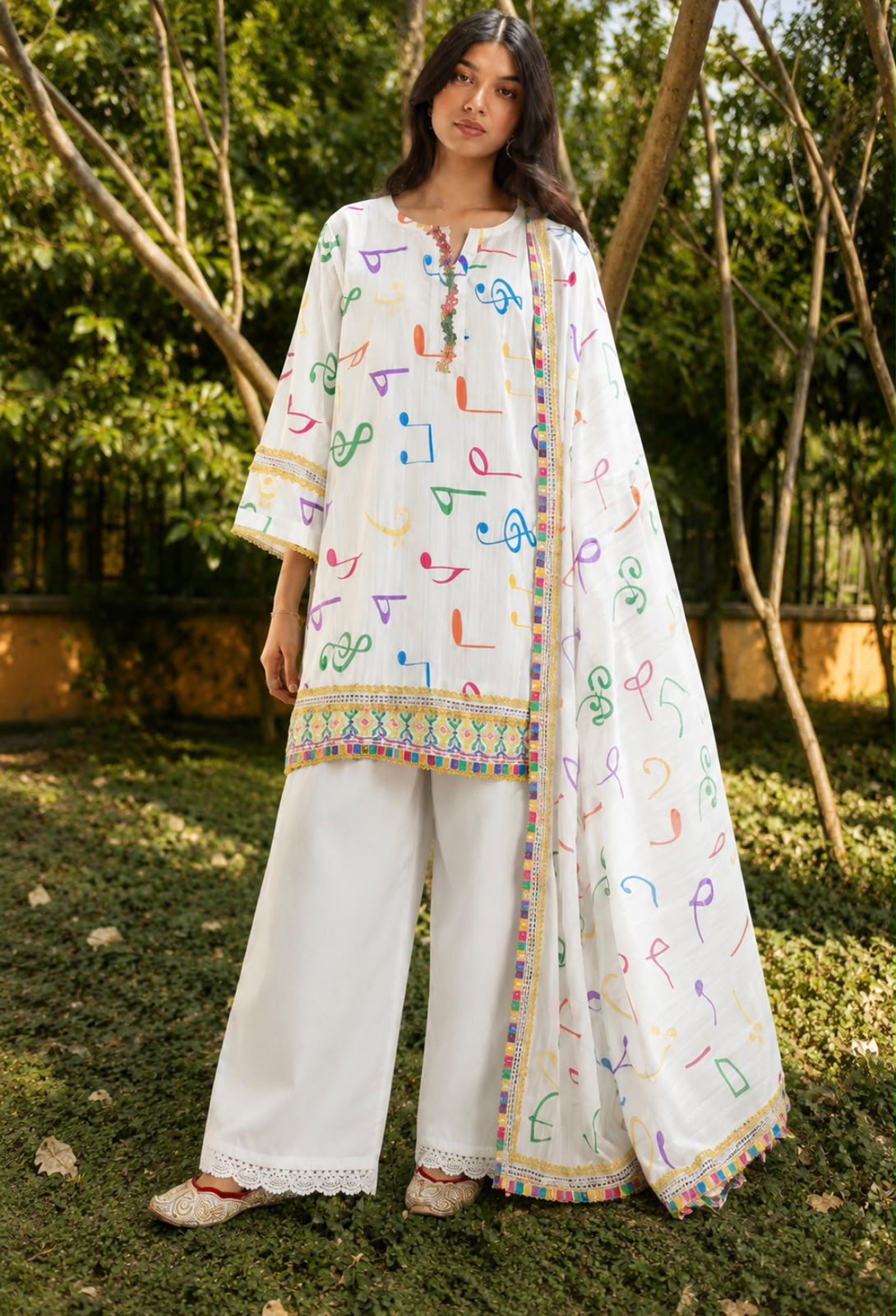 White Multicolor Printed Lawn Shirt