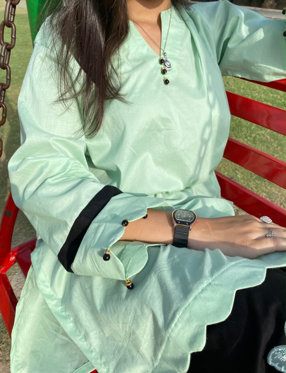 Mint Green Lawn Shirt with Black Butterfly Embroidered Palazzo Trouser