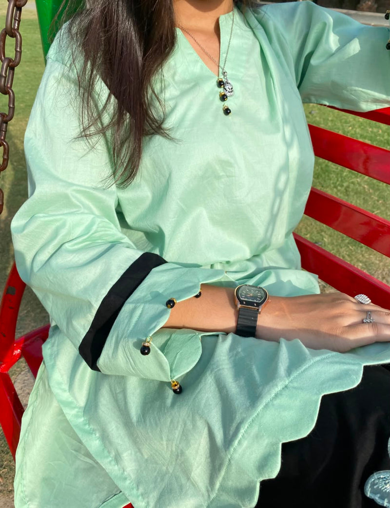Mint Green Lawn Shirt with Black Butterfly Embroidered Palazzo Trouser