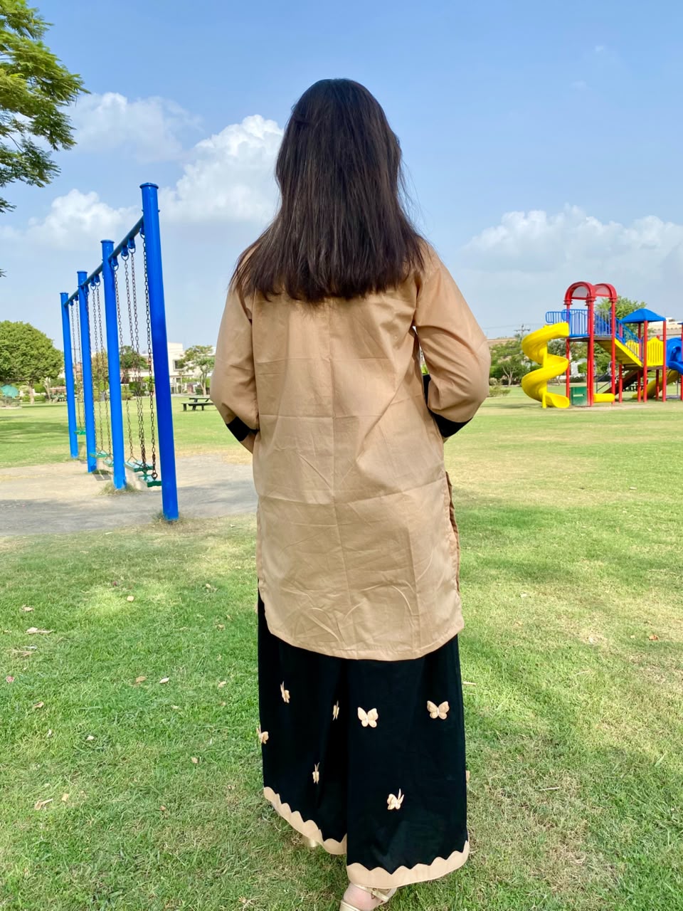 Summer Beige & Black Lawn 2-Piece Suit
