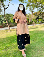 Summer Beige & Black Lawn 2-Piece Suit