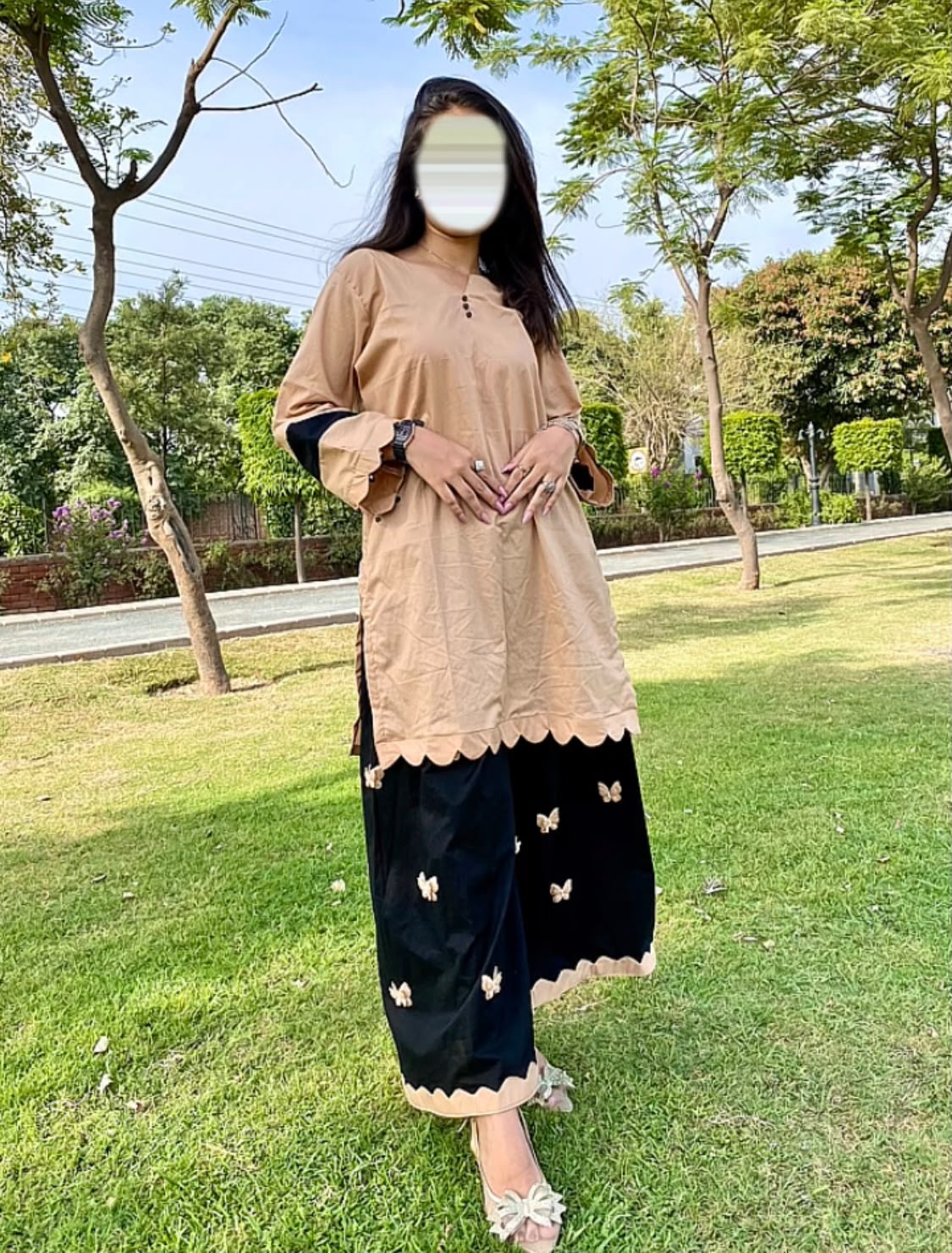 Summer Beige & Black Lawn 2-Piece Suit