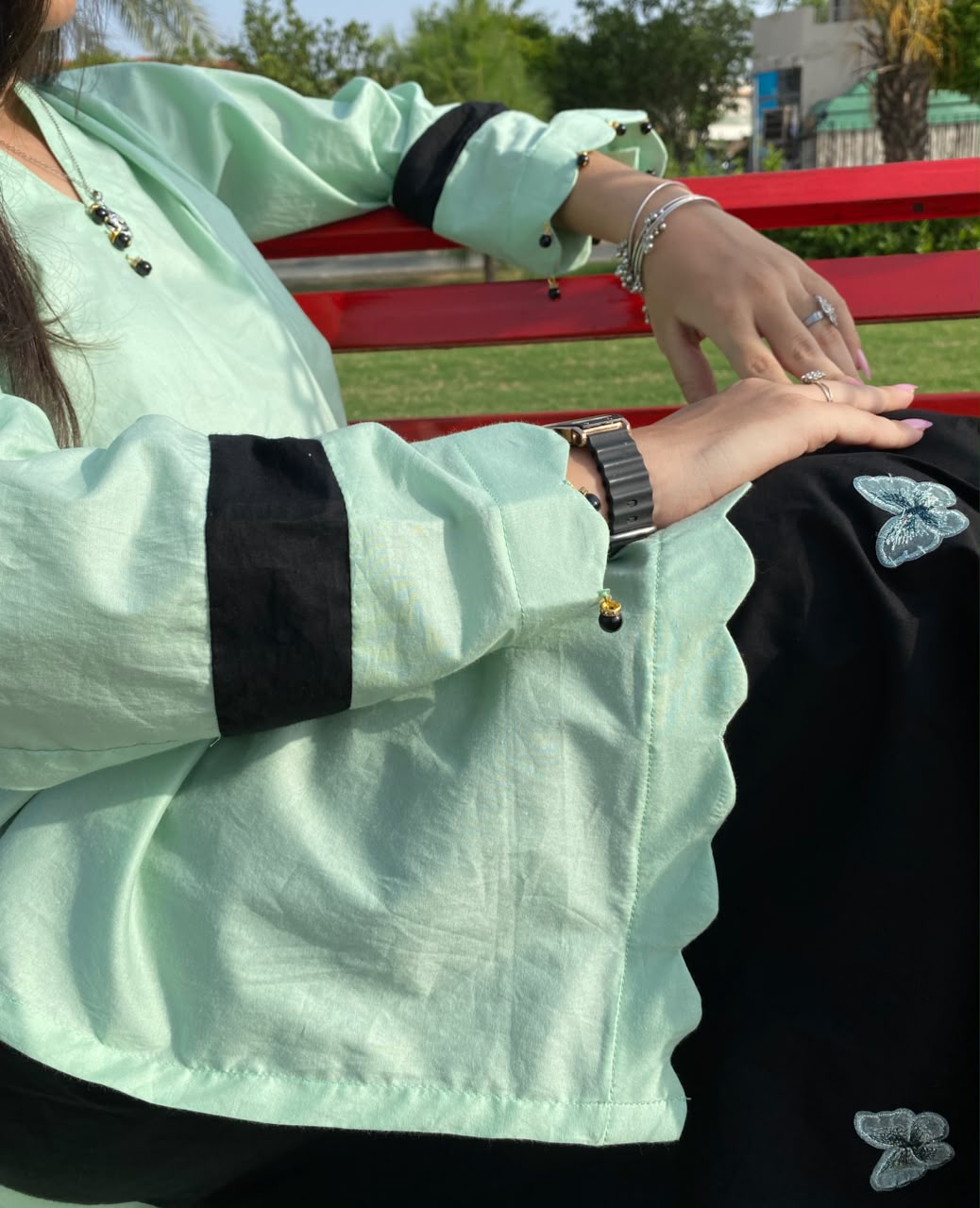 Mint Green Lawn Shirt with Black Butterfly Embroidered Palazzo Trouser