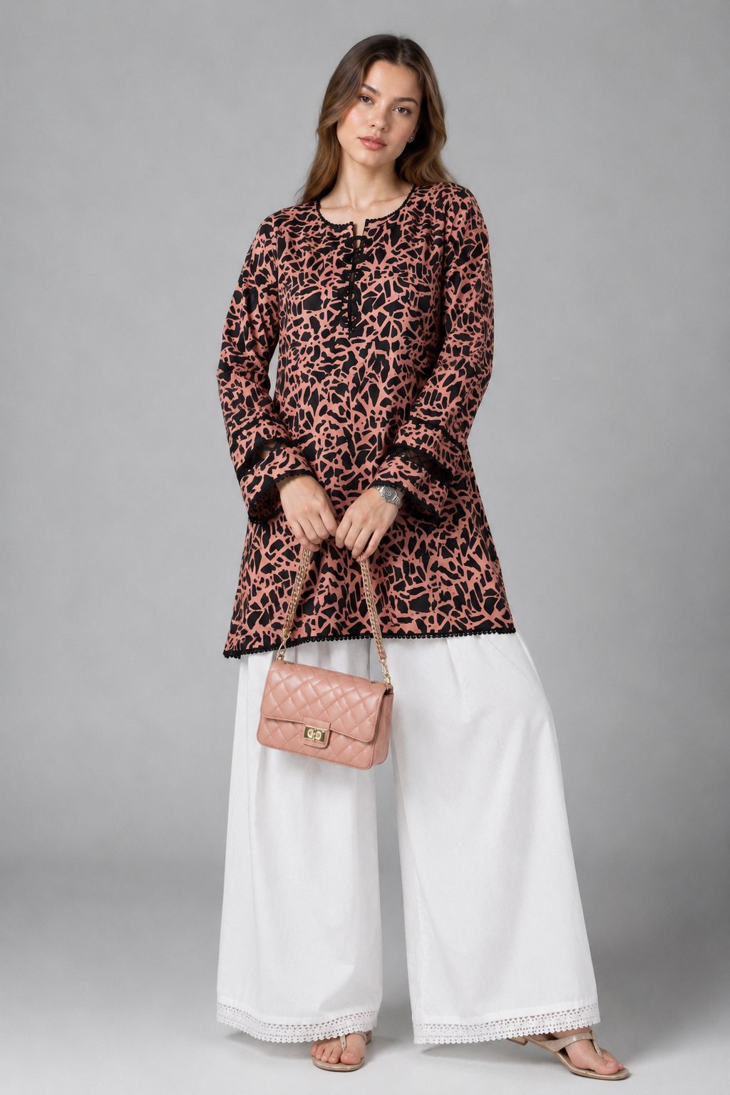 Women's Premium Lawn Printed Shirt | Peach Black