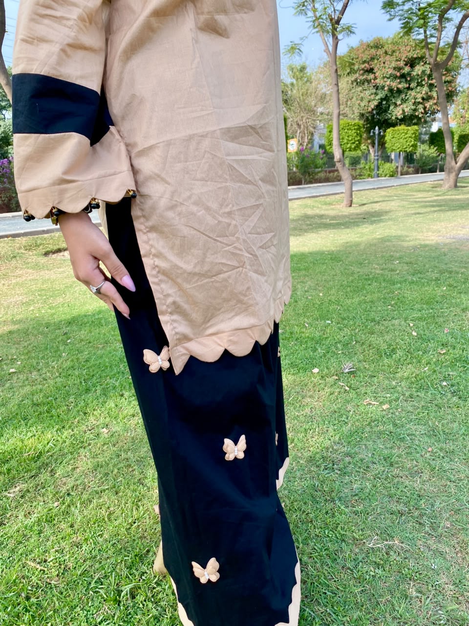 Summer Beige & Black Lawn 2-Piece Suit