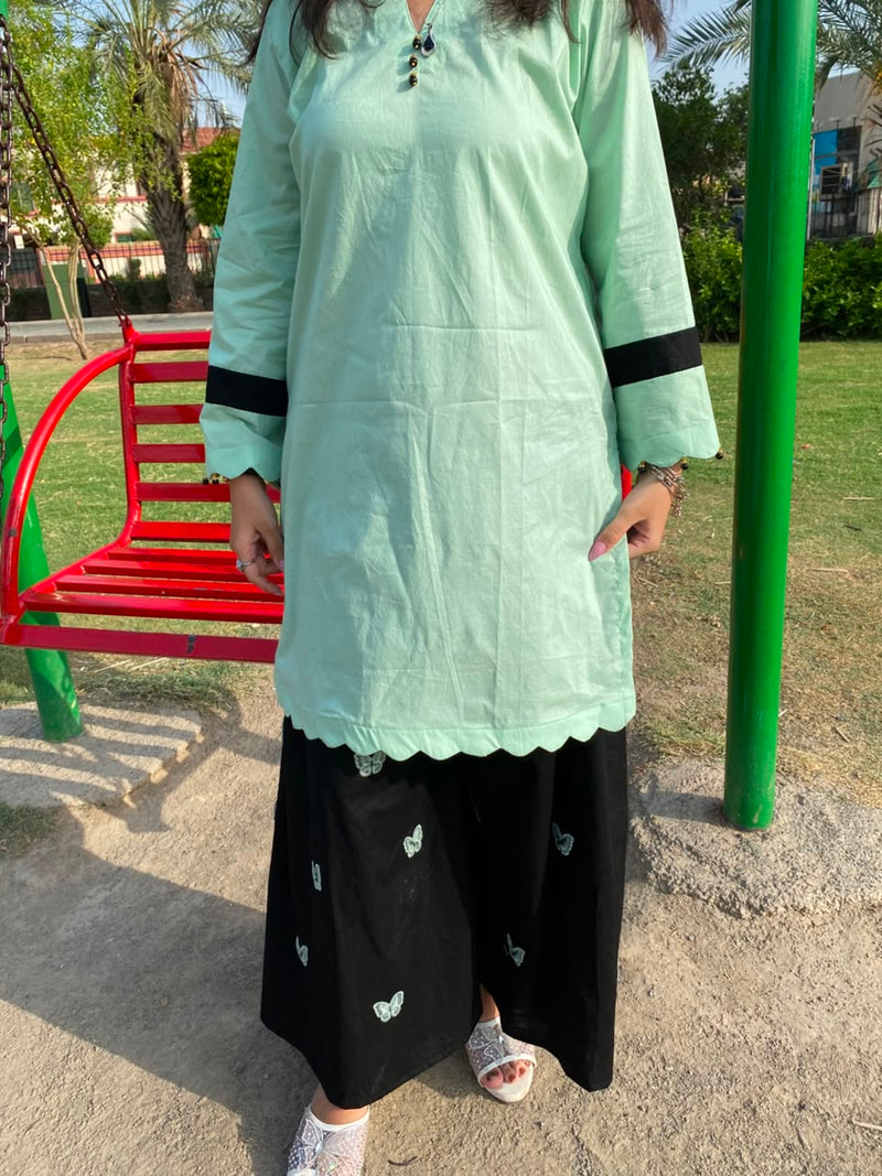 Mint Green Lawn Shirt with Black Butterfly Embroidered Palazzo Trouser