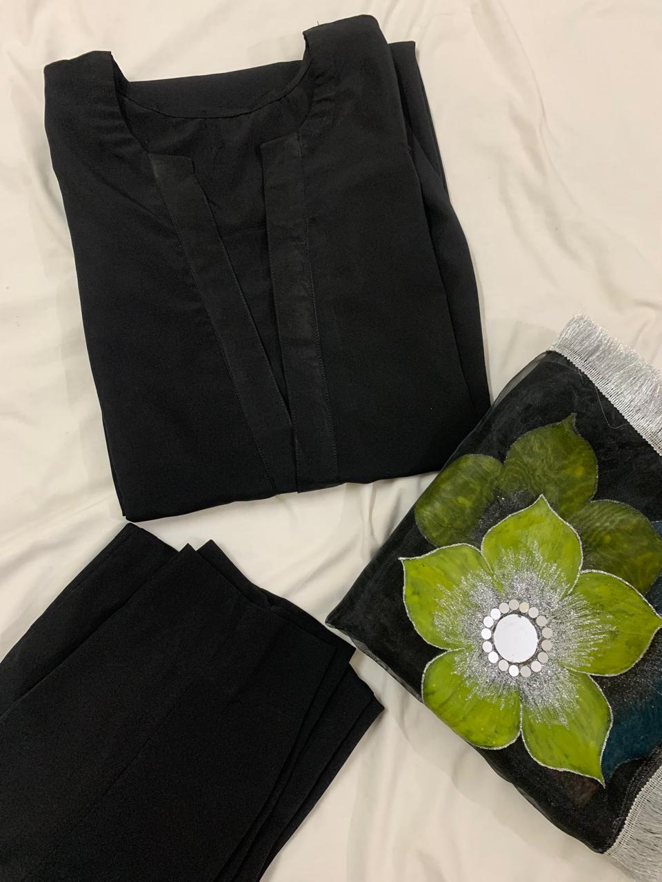 Plain Black Chiffon Long Shirt With Trouser & Handpainted Dupatta