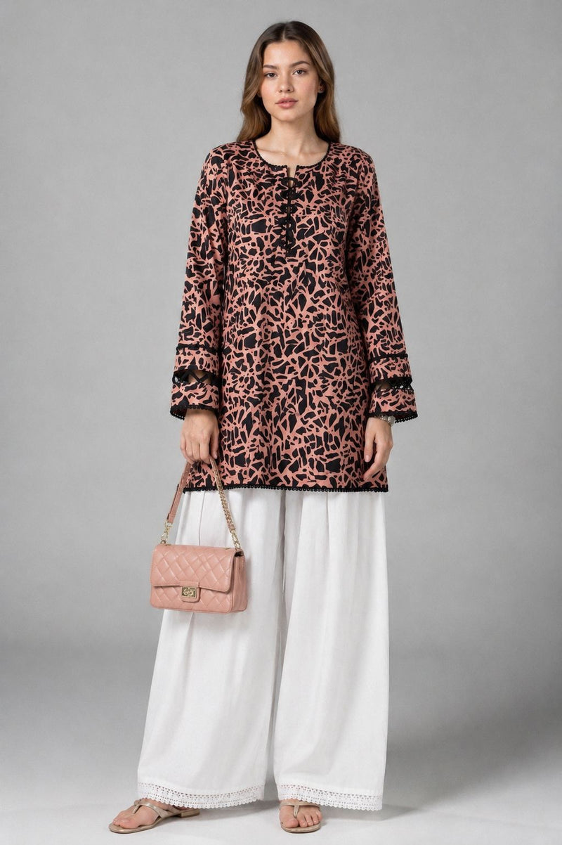 Women's Premium Lawn Printed Shirt | Peach Black