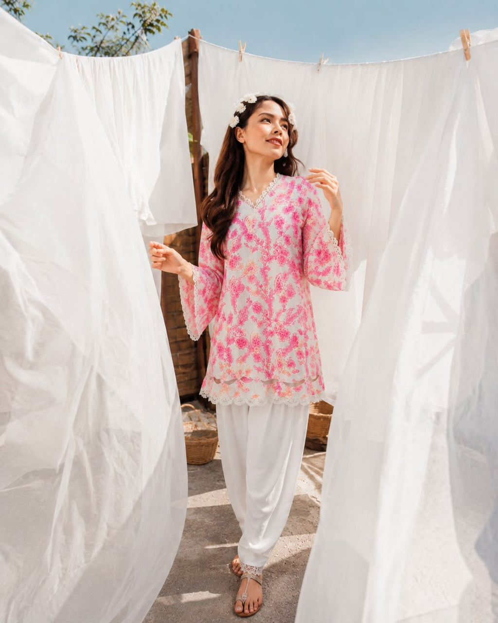 Women's White & Hot Pink Floral Design