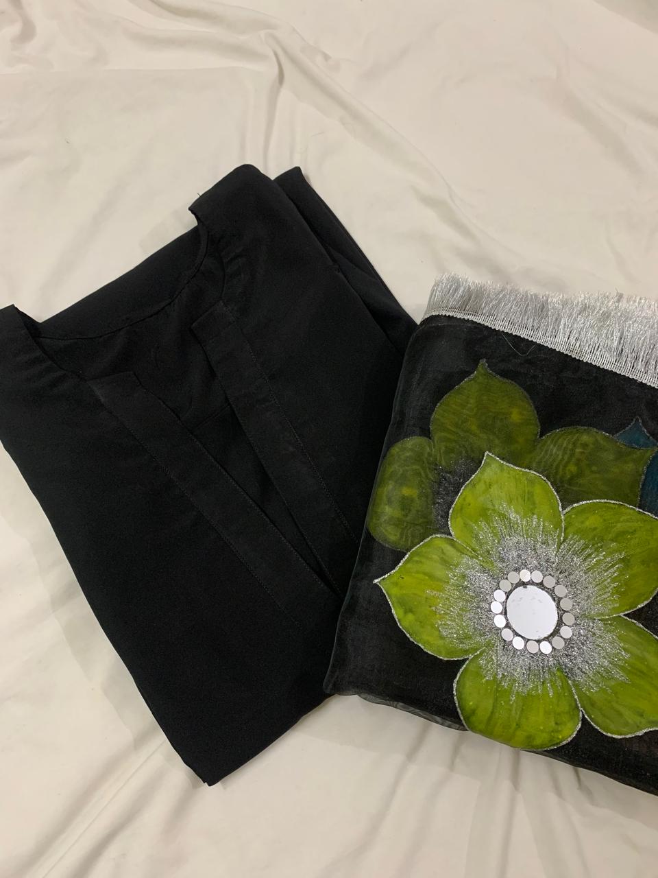 Plain Black Chiffon Long Shirt With Trouser & Handpainted Dupatta