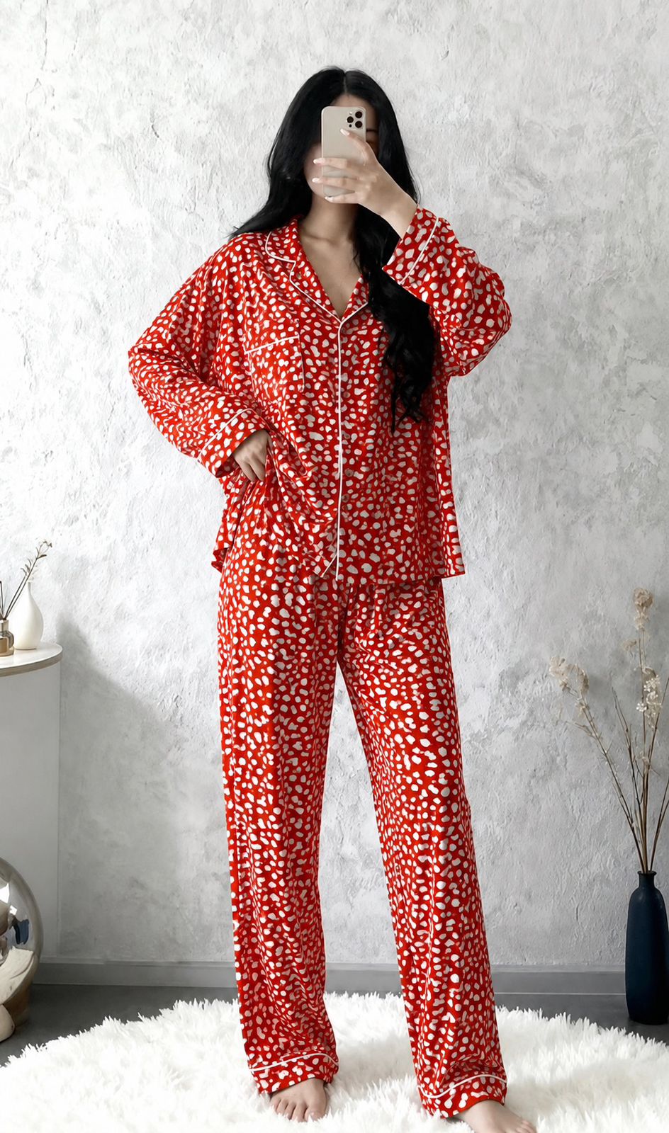 Ruby Dot Satin Night Suit – Elegant 2 Piece Pajama Set
