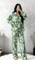 Tropical Leaf Satin Night Suit – Luxury 2 Piece Sleepwear Set