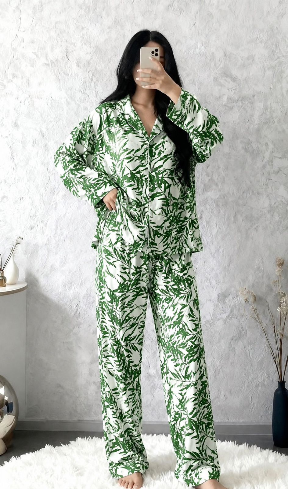 Tropical Leaf Satin Night Suit – Luxury 2 Piece Sleepwear Set