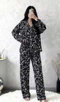 Midnight Marble Satin Night Suit – Premium 2 Piece Pajama Set