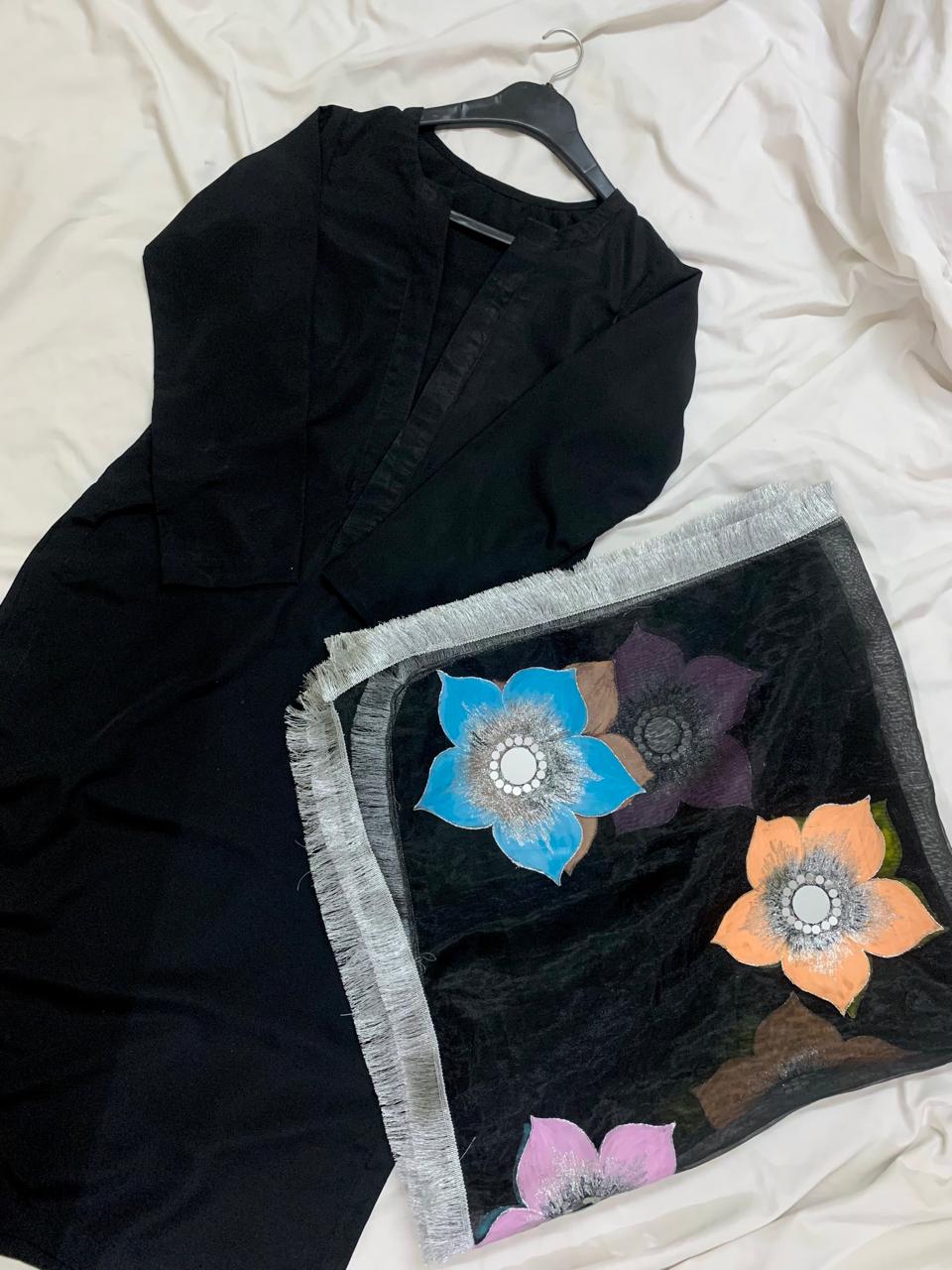 Plain Black Chiffon Long Shirt With Trouser & Handpainted Dupatta