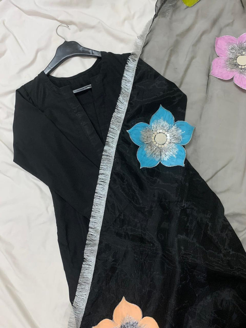 Plain Black Chiffon Long Shirt With Trouser & Handpainted Dupatta
