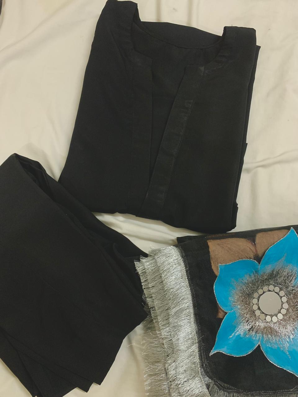 Plain Black Chiffon Long Shirt With Trouser & Handpainted Dupatta