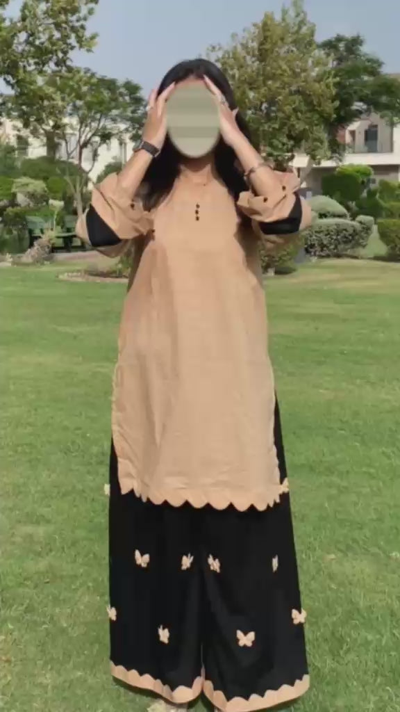 Summer Beige & Black Lawn 2-Piece Suit